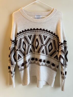 Old Navy Cream & Brown Geometric Fair Isle Crewneck Sweater
